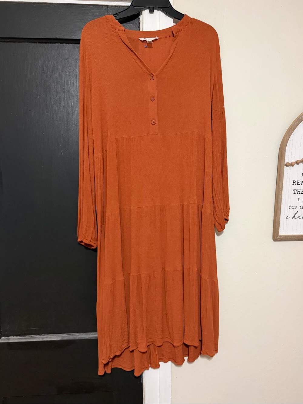 Relaxed Tiered Long-Sleeve Dress in Rust